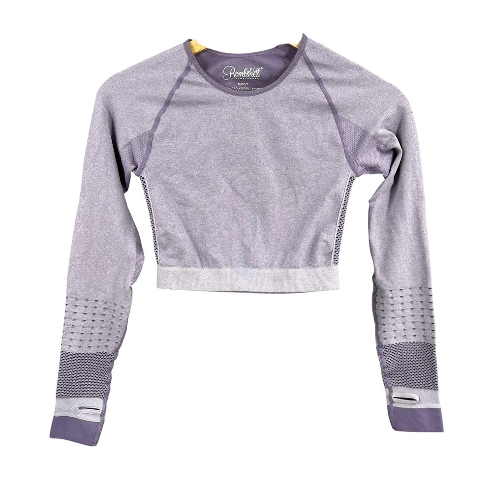 Bombshell Sportswear Seamless Long Sleeve Crop Top Purple Thumbholes XS/S